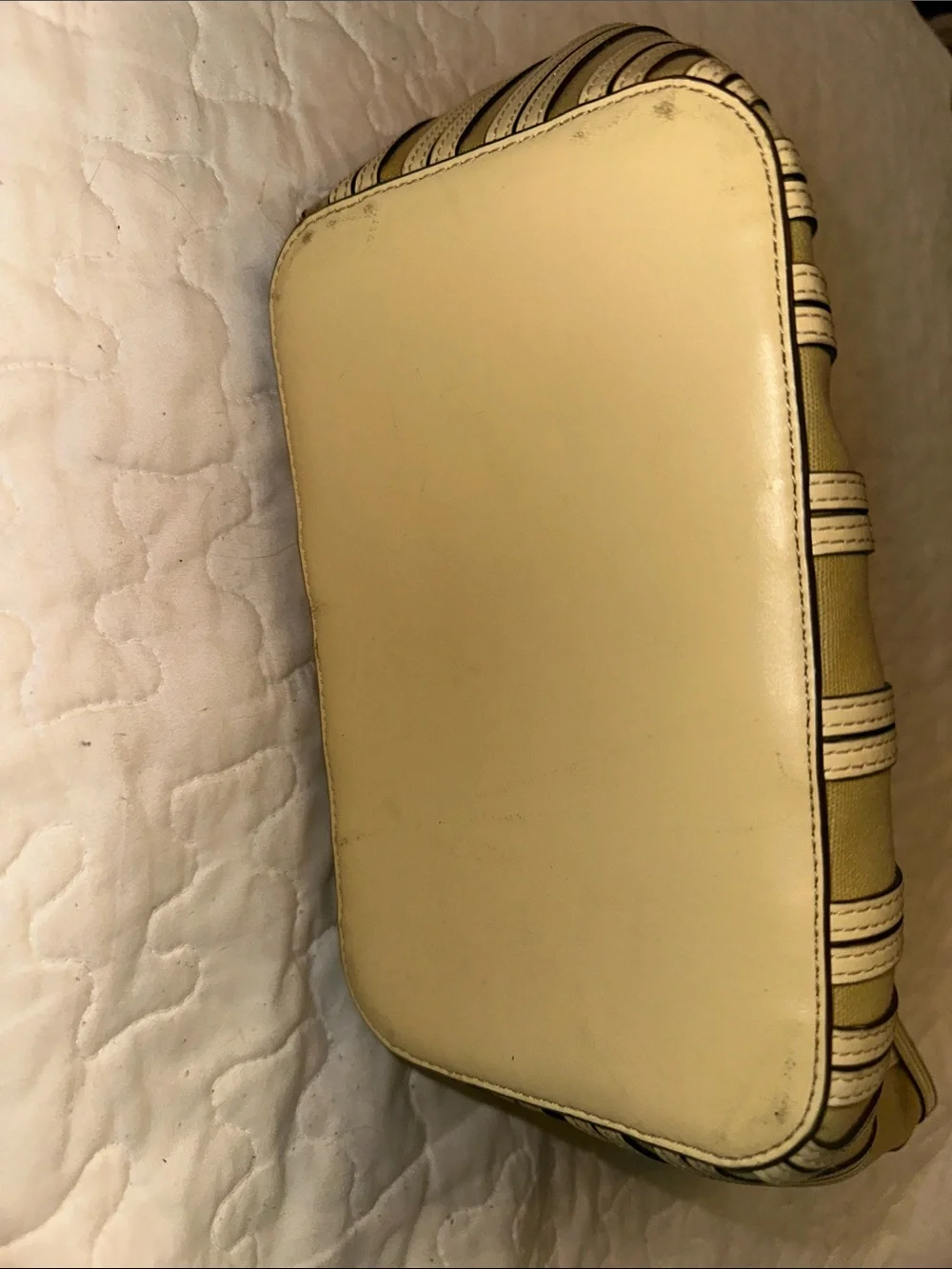 Tory Burch Mustard and Cream Striped Canvas Tote with Brown Handles